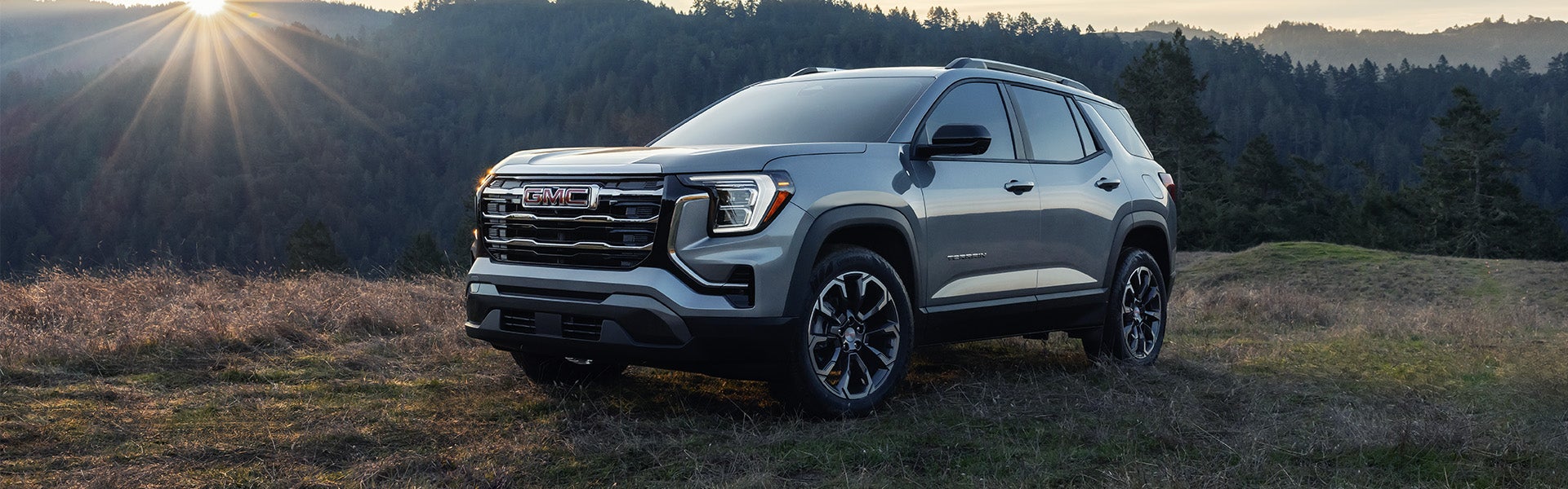 Gray GMC Terrain SUV parked in a mountain landscape.
